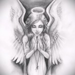 Эскиз тату ангел - молящаяся девушка с крестиком в руках
