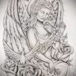 Эскиз тату ангелов хранителей с цветами и голубями