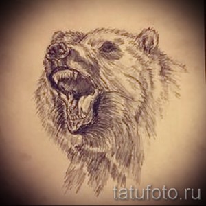 Эскиз татуировки медвежьей головы, выполненный в винтажном стиле с использованием коричневых оттенков. Рисунок создает эффект старинной гравюры.