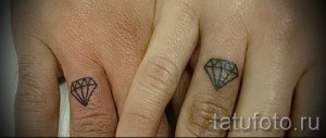 Фотография двух татуировок бриллиантов, выполненных на пальцах рук. Одна татуировка выполнена в черном цвете, другая – в синих тонах.