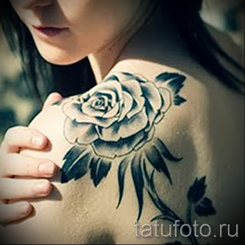 Тату черная роза на лопатке и плече у девушки - tatufoto.com