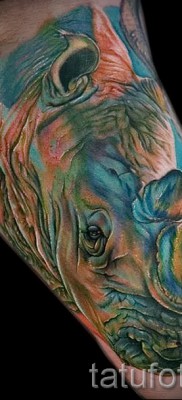 Фото пример тату носорог — сочная цветная татуировка на руке