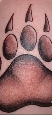 Тату лапа медведя пример на фото — коричневая татуировка на плече у мужчины