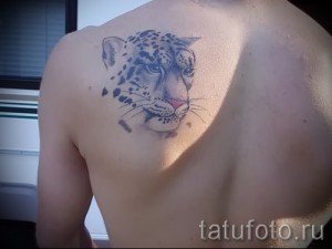 Фото тату головы снежного барса на плече, детализированный портрет, реалистичные глаза, грациозный хищник.