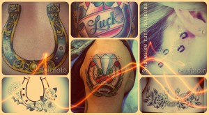 Фото коллажа из нескольких тату подков в разных стилях и цветах. Идеи для татуировки подковы на выбор.