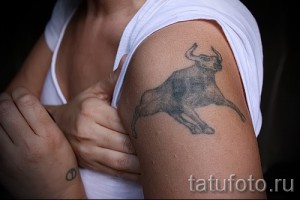 Фото татуировки быка в движении на плече, выполненной в черно-серых тонах. Динамичный рисунок с реалистичной проработкой деталей.