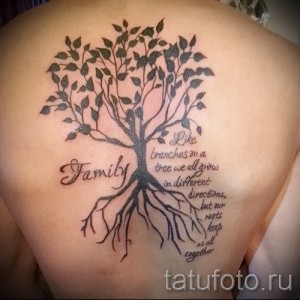 Фото тату дерева на спине с надписью 'Family'. Черно-серый рисунок с детально проработанными корнями и кроной, символизирующий семейные узы.