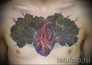 Фото тату: Татуировка на груди, изображающая сердце, из которого растут ветви дерева с листьями, реалистичный стиль, яркие цвета.