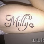 Фото тату: надпись "Milly" и отпечаток лапки, выполненные на руке девушки. Нежный и минималистичный дизайн.