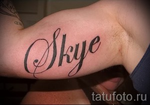 Фото тату: изящная надпись "Skye" на бицепсе, выполненная черными чернилами в каллиграфическом стиле с тонкими линиями и завитушками.