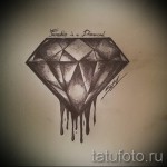 Черно-белый эскиз татуировки с изображением большого бриллианта, из которого стекают капли, символизирующие ценность и хрупкость.