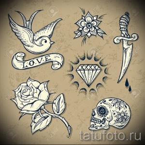 Фото тату эскизов: подборка различных рисунков, включая ласточку, розу, бриллиант, череп и кинжал. Идеально для создания микса.