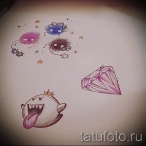 Фото тату эскиза: несколько мультяшных персонажей и бриллиант. Яркий и оригинальный дизайн для любителей нестандартных татуировок.