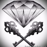 Эскиз татуировки в технике pointillism с изображением бриллианта и двух перекрещенных ключей. Символизирует открытие новых возможностей.