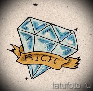 Простой эскиз татуировки с изображением бриллианта и надписью 'Rich'. Подходит для тех, кто ценит лаконичность.