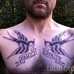Фото тату двух ласточек с надписями "Family" и "Loyalty" на груди. Символичный рисунок, посвященный семье и верности.