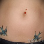 Фото двух маленьких тату ласточек на животе. Нежный рисунок татуировки в минималистичном стиле для девушек.