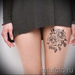 Фото тату: черные контурные розы на внутренней стороне бедра. Эскиз татуировки выполнен в минималистичном стиле, подчеркивающем женственность.