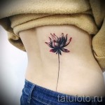 Фото тату с изображением черного цветка лотоса на спине девушки. Рисунок выполнен в минималистичном стиле с использованием тонких линий и акцентом на детали.