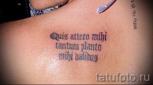 Фото тату с латинской фразой 'Quis attero mihi tantum planto mihi validus' на груди. Элегантный шрифт, выполненный в черном цвете.