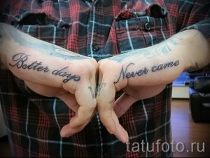 Фото тату: надписи 'Better days' и 'Never came' на руках девушки, выполненные в каллиграфическом стиле. Татуировки в черно-серых тонах.