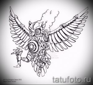 Эскиз татуировки совы в стиле стимпанк, с механическими деталями, шестеренками и трубами. Сова изображена в полете, с расправленными крыльями.