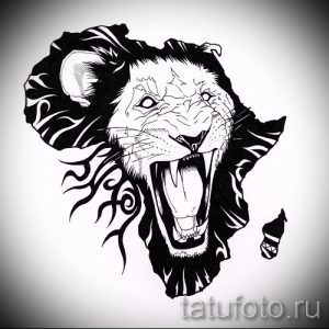 Фото эскиза татуировки, изображающего голову льва, вписанную в контур африканского континента, выполненного в черно-белой графике.