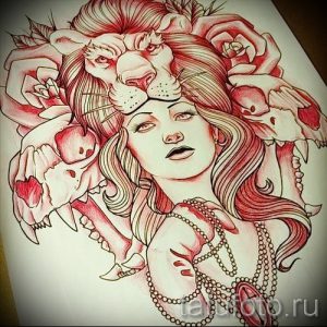 Цветной эскиз татуировки с изображением девушки с головой льва, окруженной черепами и розами, выполненный в стиле нео-традишн.