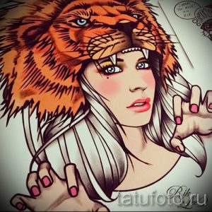 Цветной эскиз татуировки с изображением девушки с тигриными клыками и полосами на лице, выполненный в реалистичном стиле.