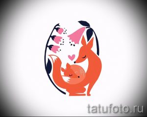 Трогательный эскиз татуировки с изображением лисы и ее лисенка, окруженных цветами. Идеально для тех, кто ценит семейные ценности и нежность.
