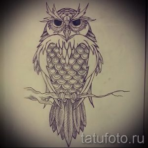 Черно-белый эскиз татуировки совы, сидящей на ветке дерева. Рисунок выполнен в графическом стиле с детализированным оперением и узорами на ветке.
