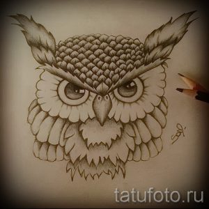 Черно-белый эскиз татуировки совы, выполненный в реалистичном стиле. Птица изображена крупным планом с акцентом на выразительные глаза и детализированное оперение.