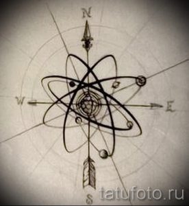 Черно-белый эскиз татуировки с изображением компаса, в центре которого расположен атом. Рисунок выполнен в минималистичном стиле.