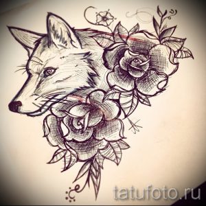 Эскиз татуировки лисы с розами, выполненный в стиле old school. Изображение демонстрирует яркие цвета и четкие контуры.