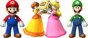Изображение персонажей видеоигры Mario: Марио, Дейзи, Пич и Луиджи, стоящих рядом с кубиком с вопросительным знаком.