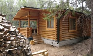 Фото небольшого бревенчатого домика в лесу с террасой и окнами, окруженного зелеными деревьями и дровами.