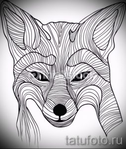 Черно-белый эскиз татуировки лисы, выполненный в технике line art. Изображение демонстрирует детализированную проработку шерсти и морды лисы.