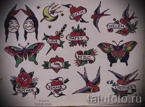 Фото флеш-тату от Sailor Jerry с изображением сердец, бабочек, ласточек и других морских символов. Классический стиль татуировки.