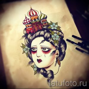 Цветной эскиз татуировки с изображением девушки, на голове которой расположен собор. Выполнен в стиле олдскул с использованием ярких цветов и четких контуров.