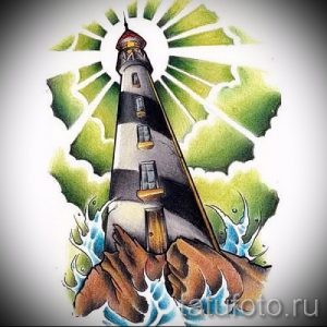 Фото тату: маяк, освещающий бушующее море, выполненный в стиле акварель. Яркий и динамичный рисунок татуировки.