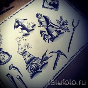 Черно-белый эскиз татуировки в стиле олдскул с изображением различных символов, отражающих сельскую жизнь и индустриализацию.