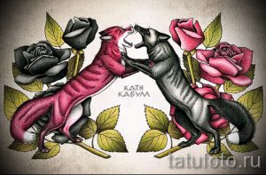 Эскиз татуировки двух лис, стоящих друг напротив друга, с розами, выполненный в стиле олд скул с использованием ярких цветов и четких контуров.