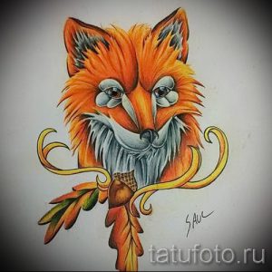 Яркий и милый эскиз татуировки лисы с желудем, выполненный в стиле олд скул. Идеально для тех, кто любит классические и красочные рисунки.