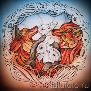 Красивый эскиз татуировки с изображением лисы и зайцев, заключенных в декоративный круг. Идеально для тех, кто ценит детализацию и символизм.