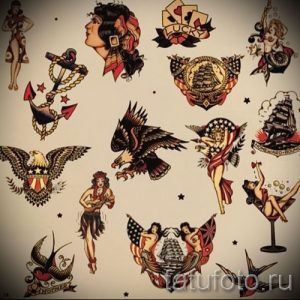 Фото флеш-листа с традиционными татуировками: девушки в стиле пин-ап, якоря, орлы, корабли и американская символика.