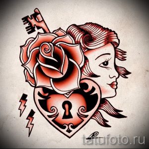 Эскиз татуировки в стиле олд скул с изображением женского профиля, сердца с замком и ключом, а также розы, выполненный в красных и черных тонах.