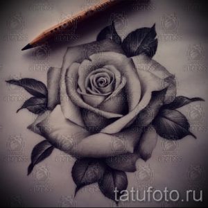 Черно-белое фото тату розы с детально прорисованными лепестками и карандашом рядом. Идеальный эскиз для любителей реализма.