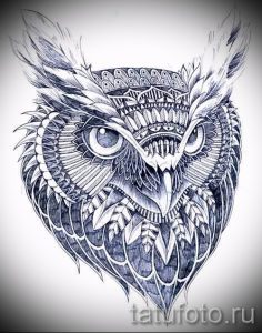 Фото эскиза татуировки совы, выполненного в технике dotwork с использованием множества точек и линий.