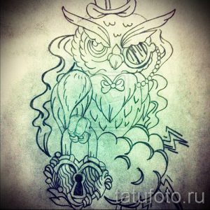 Эскиз татуировки совы в стиле стимпанк с механическими элементами и шестеренками. Оригинальный и запоминающийся дизайн.