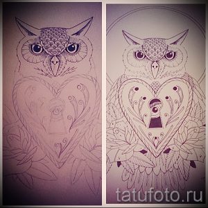 Эскиз татуировки совы, держащей в лапах сердце с замочной скважиной. Символизирует любовь, тайны и защиту.
